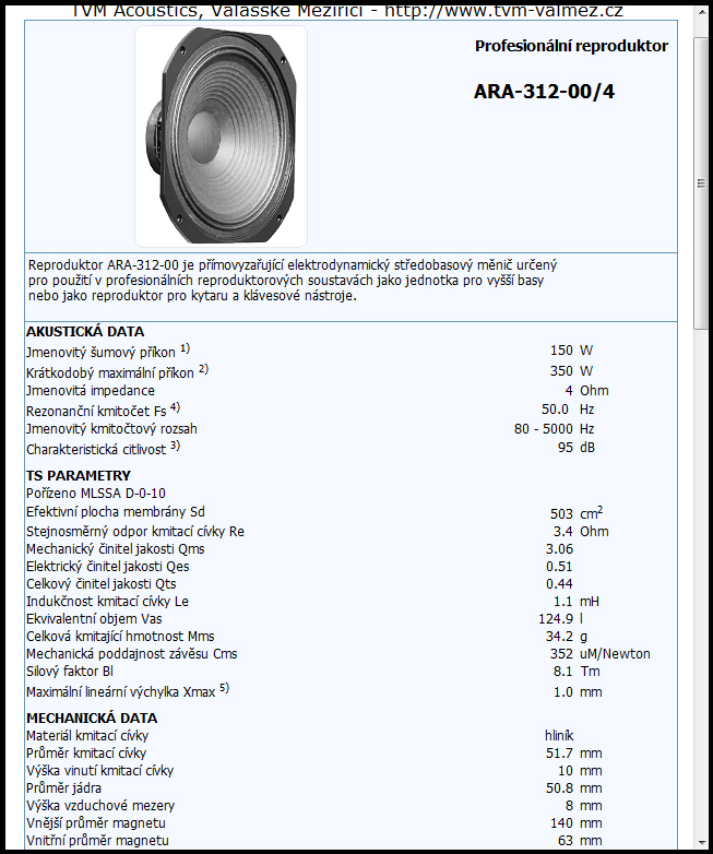 Vlastnosti reproduktoru ARA-312-00