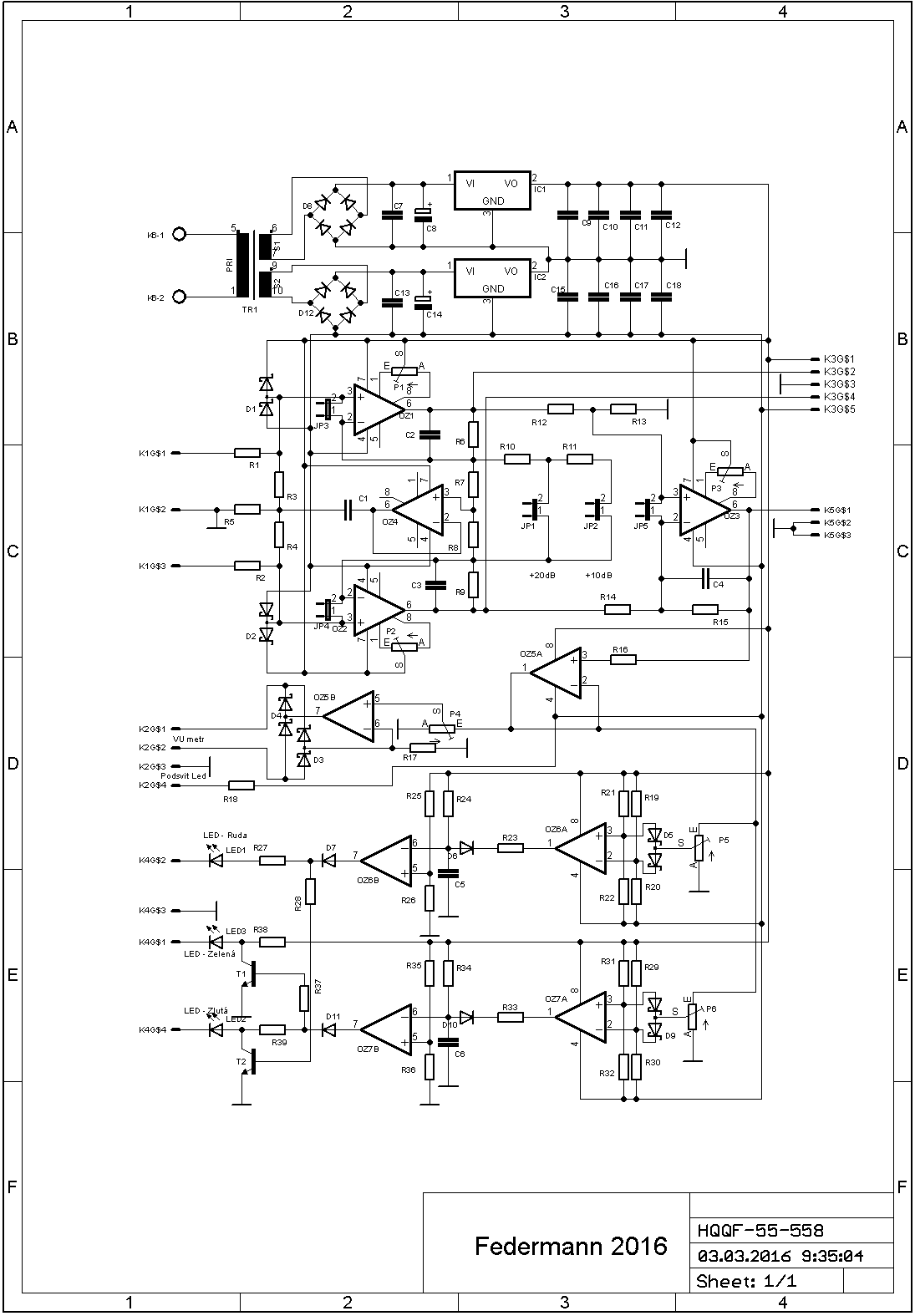Audio předzesilovač HQQF-55-558 s indikátory Schema